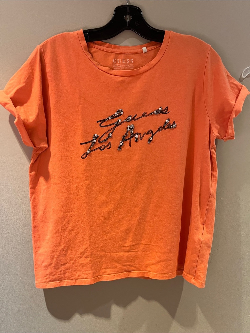 GUESS Orange Short-Sleeve Tee with Embellished Los Angeles Script